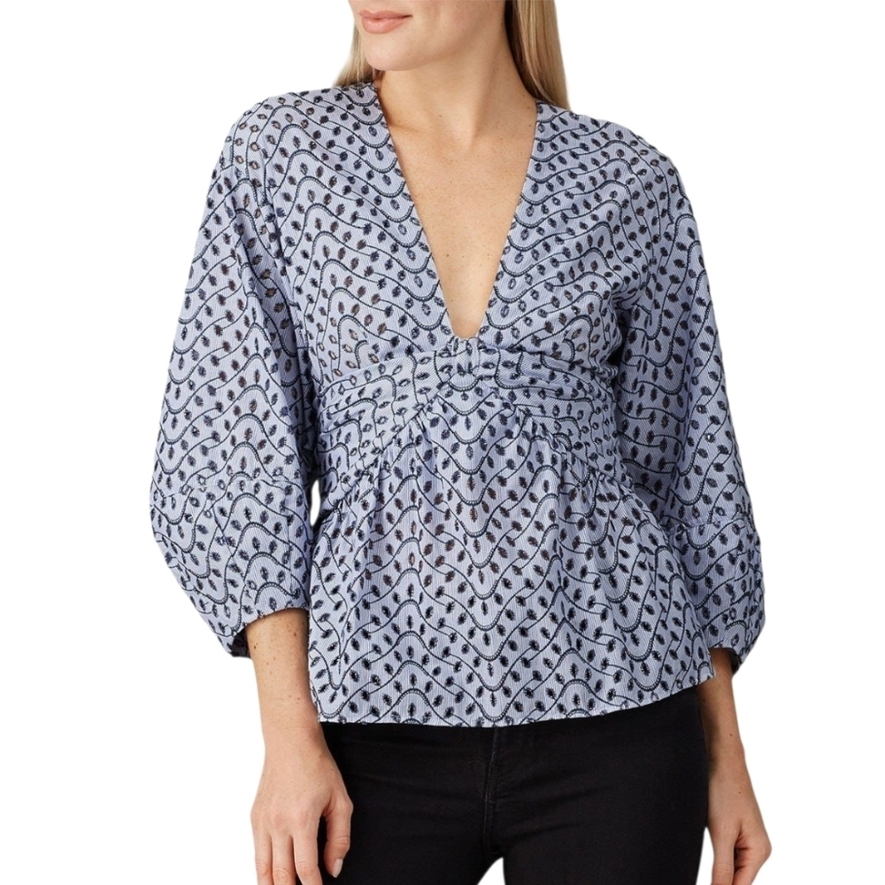 Derek Lam 10 Crosby Blue Eyelet Plunge Neo Blouse 4